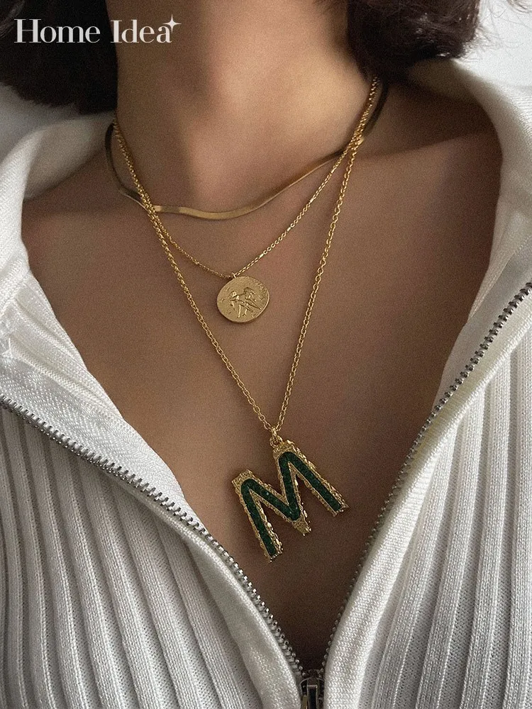 

Green Zircon 26 Letters Pendants Necklace Jewelry For Women Vintage 18K Golden Plated Sweater Chain Party Ornaments
