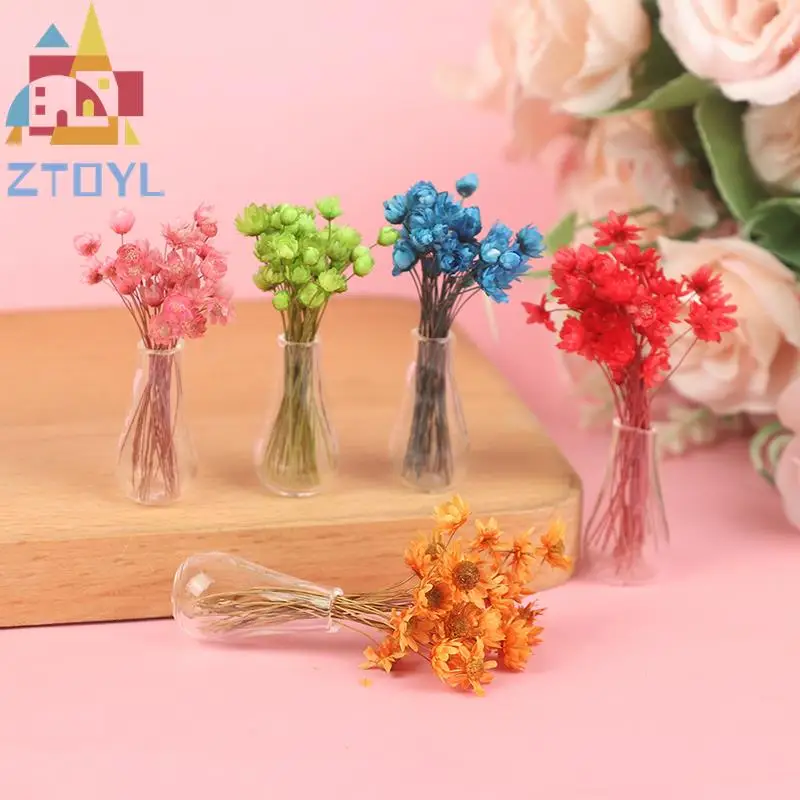 

1:12 Dollhouse Miniature Accessories Mini Flower Model with Glass Bottle Simulation Vase Toys Doll House Decoration
