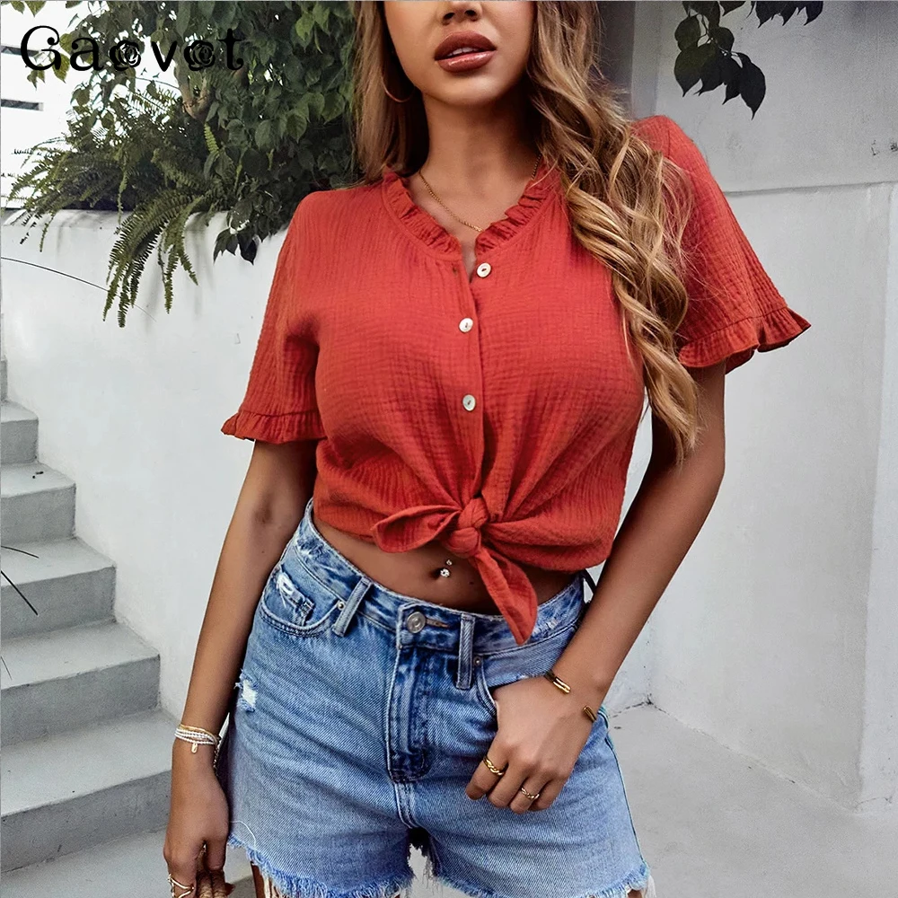 

GAOVOT Summer Solid Color Frill V-Neck Single Breasted Elegant Comfortable Top For Women 2022 Ladies Ruffle Casual Sweet Tops