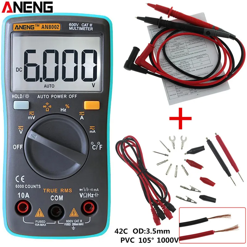 

ANENG AN8002 Digital True RMS 6000 Counts Multimeter AC/DC Current Voltage Frequency Resistance Temperature Tester Test Lead Set