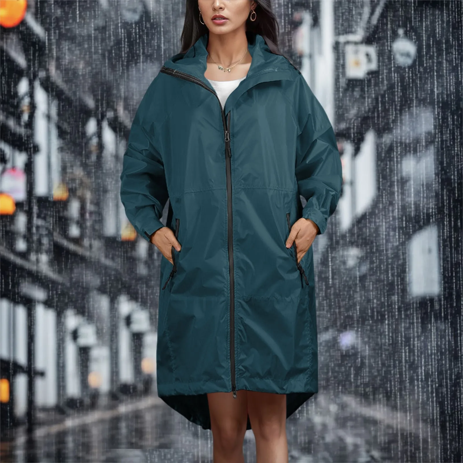 

2023 New Women Fashion Hooded Outdoors Zipper Windproof Trench Coats Waterproof Rain Jackets Female Long Raincoat пальто женское