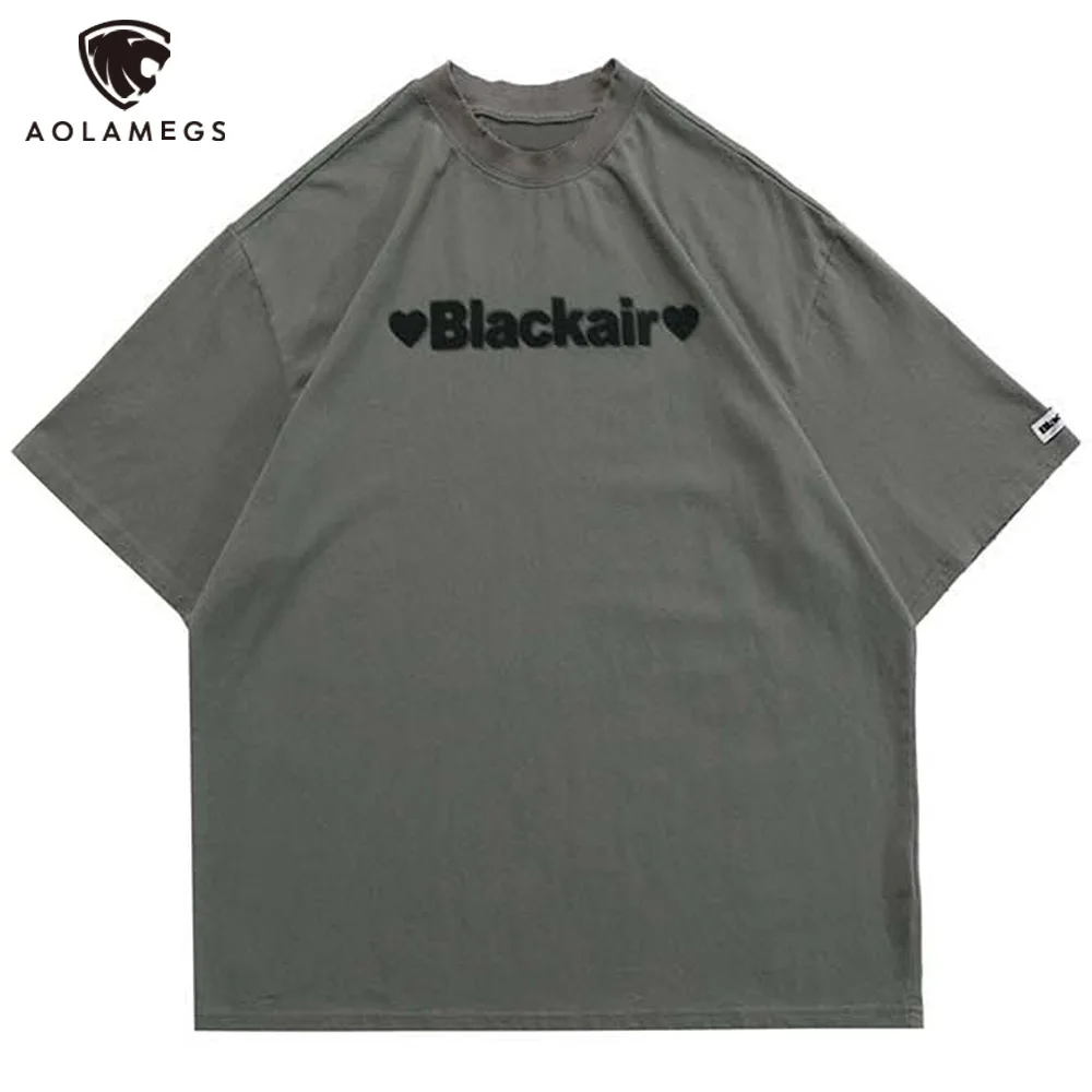 

Aolamegs T-shirt Men Simple Letter Heart Printed Tees Oversized College Style Youthful Vitality Summer Cotton O-Neck Tops Couple
