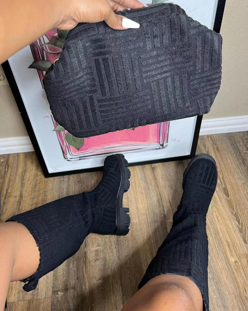 Top Selling Winter Boots Women Flat Toning Shoes Slip on Streetwear 2022 New Fabric Knee High Towel Boots for Women