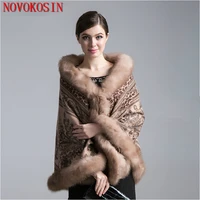 winter women printed shawl luxurious real fox fur collar wool cashmere poncho capes khaki blue cardigan out street wear coat