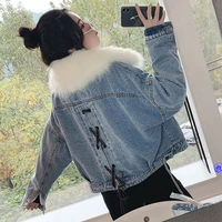 denim jacket plus velvet thick winter women 2021 new style loose warm cotton padded jacket with fur collar