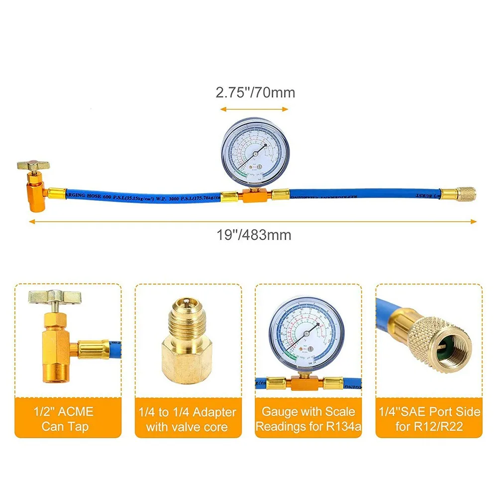 

Car Air Conditioning AC R134A Refrigerant Recharge Measuring Hose With Gauge Adapter BPV-31 Bullet Piercing Tap Valve Kit