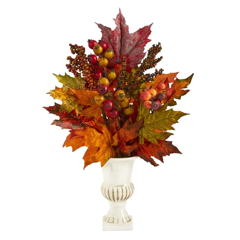

20in. Maple Leaf and Berries Artificial Arrangement in White Urn, Orange Wedding Party Vase Home Autumn Decoration Fake Flower