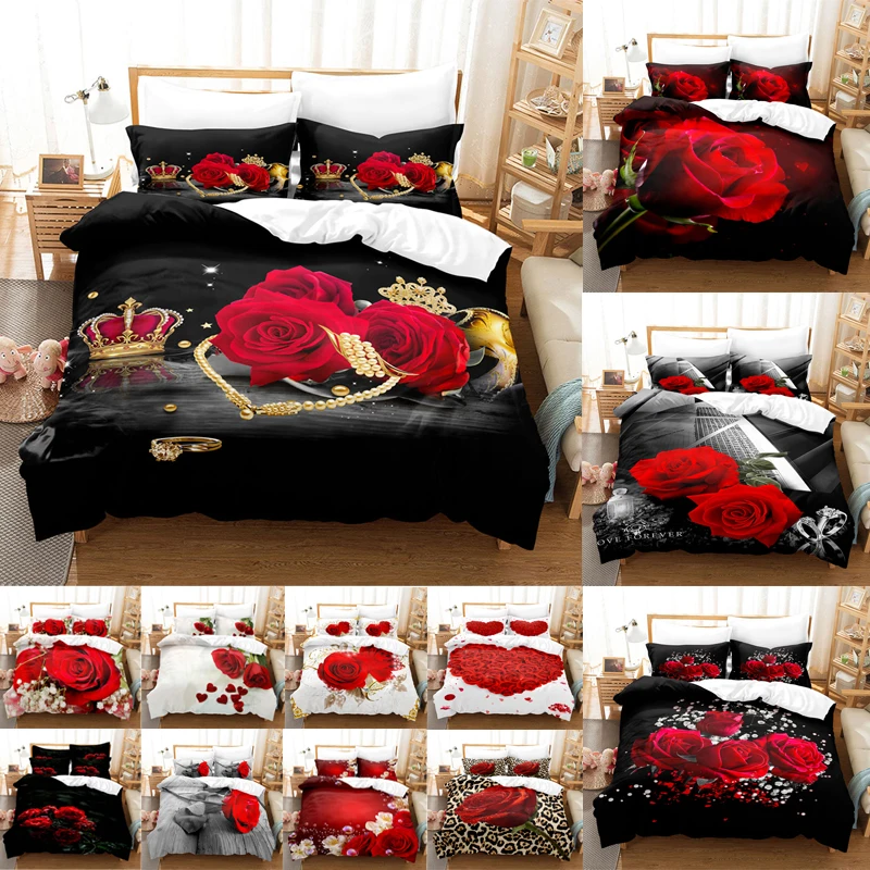 

Red Roses Duvet Cover Set Queen Size King Full 3D Bedding Sets Flower Pillowcase Quilt Linens Single Double Bed 220x240 200x200