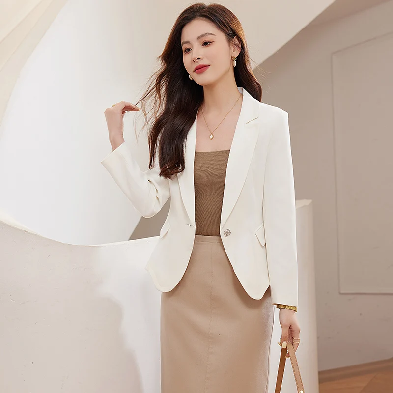 Apricot Autumn Winter Large Ladies Professional Office Lapel Cardigan Suit Jacket Casual Blazer Women Work Coat Solid Blazers