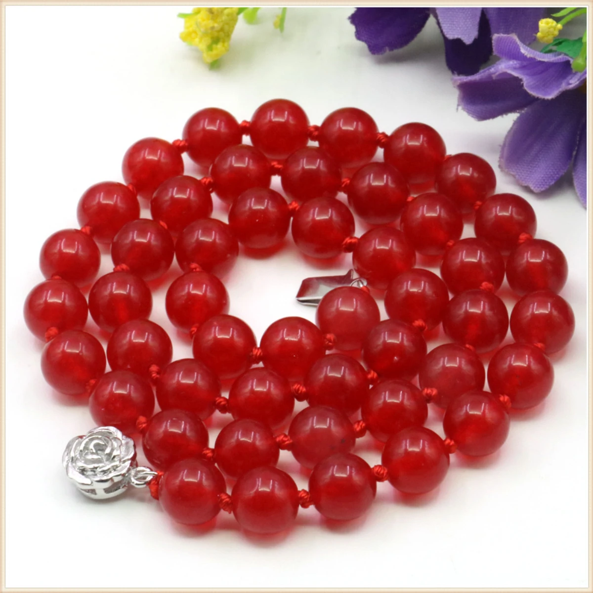 

8 10mm Round Red Jade Chalcedony Necklace Natural Stone Rose Clasp Accessory Beads Neckwear Women Girls Jewelry Making Design