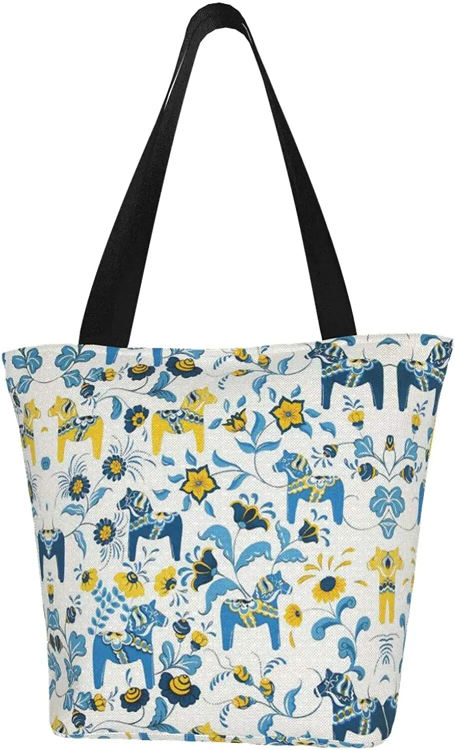 

Scandinavian Swedish Dala Horses and Kurbits Flowers Elegant Extra Large Canvas Beach Travel Reusable Grocery Shopping Tote Bag