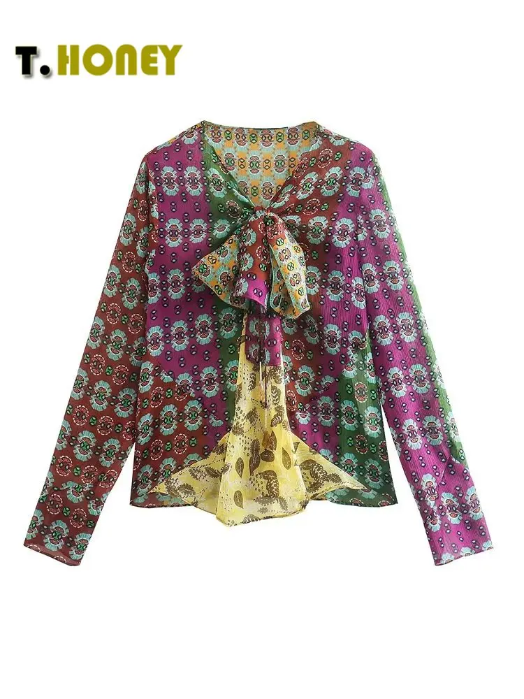 

TELLHONEY Women Fashion V-Neck Neck Lace Up Sleeves Slit Decoration Blouses Female Print Long Sleeves Loose Thin Shirt Chic Tops