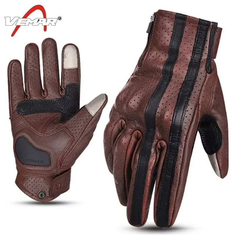 

VEMAR Vintage Leather Motorcycle Racing Glove Guantes Moto Luvas Full Finger Motocross MTB Biker Gloves Touchscreen Knight Glove