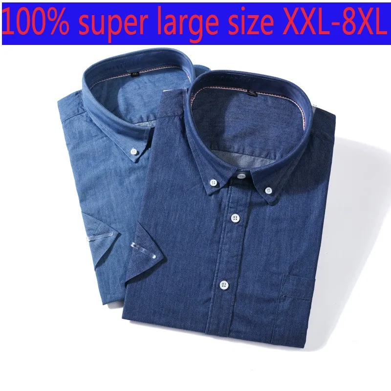 

New Arrival Super Large Fashion 100% Cotton Denim Short Sleeve Men Summer Casual Shirts Thin Plus Size 2XL3XL4XL5XL6XL7XL8XL