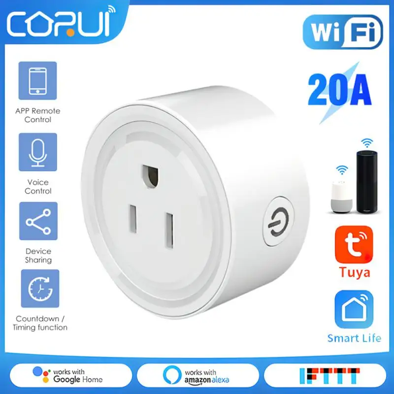 

CORUI Tuya WiFi Smart Plug US 20A Outlet Smart Life Remote Control Home Appliances Works With Alexa Google Home No Hub Require
