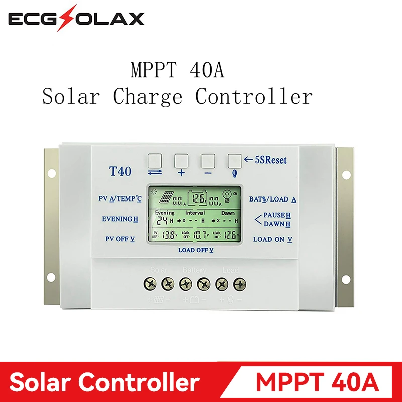 

ECGSOLAX MPPT Solar Charge Controller 40A 20A 12V 24V Auto Solar Regulator With LCD Display Load Dual Timer Control PV Max 48VDC