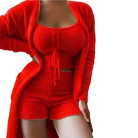 1 set top shorts coat solid color plush three piece temperament thick sleepwear set for sleeping womens two peice sets