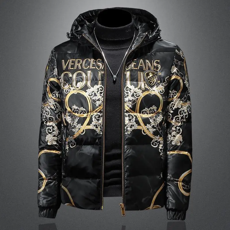 

Winter white duck down hooded warm trendy men's down jacket fashion personality printing casual down jacket young men's jacket