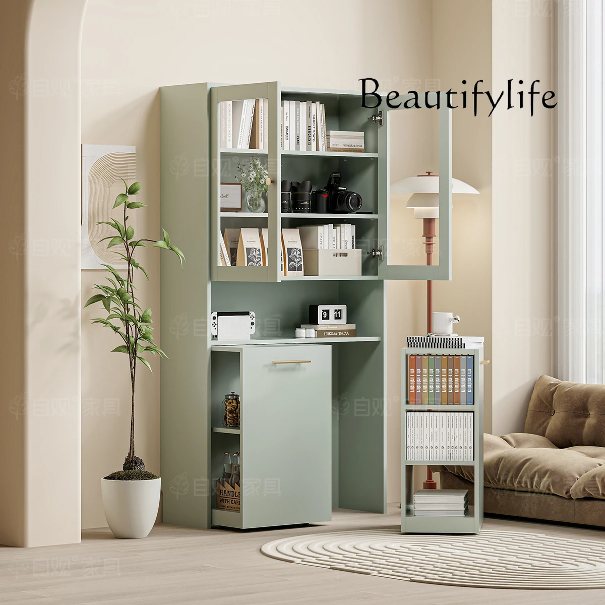 Скандинавский зеленый комбинированный книжный шкаф двойная дверь стеклянный