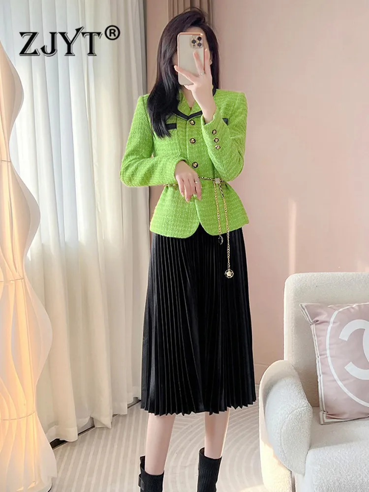 

ZJYT Elegant Designer Tweed Woolen Jacket and Pleated Skirt Set Winter Women Office Party Outfits Two Piece Midi Dress Suits