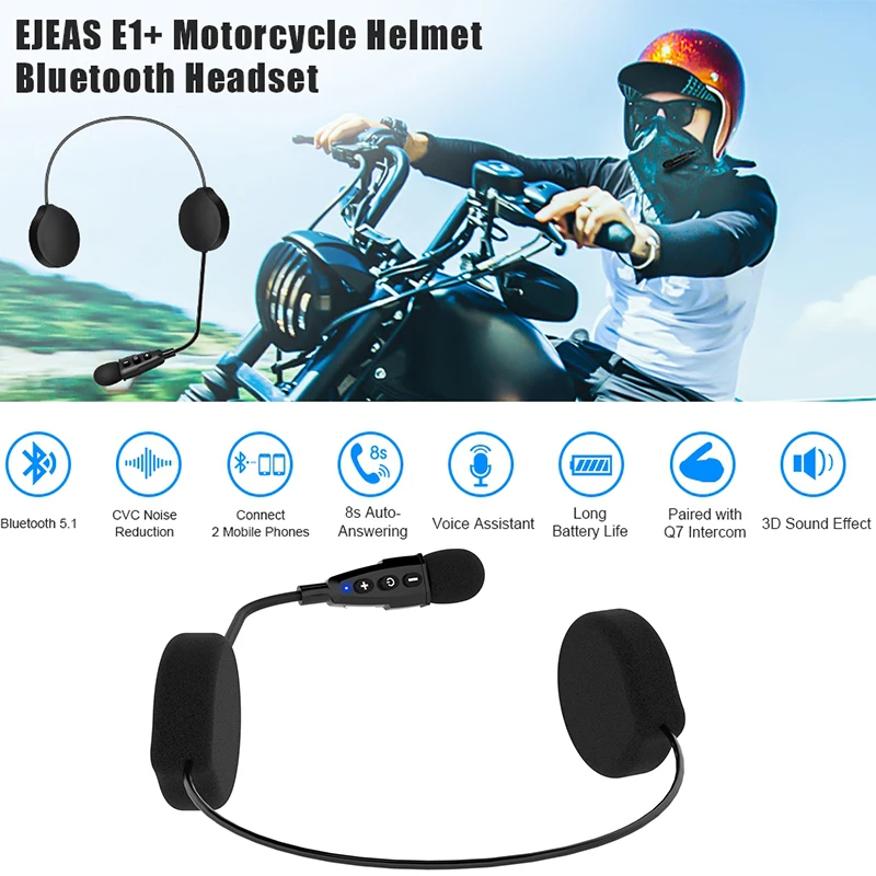 

EJEAS E1+ Bluetooth 5.1 Motorcycle Helmet Headset 360mAh 19hrs Wireless Skiing Communication Without Intercom for 2 Riders