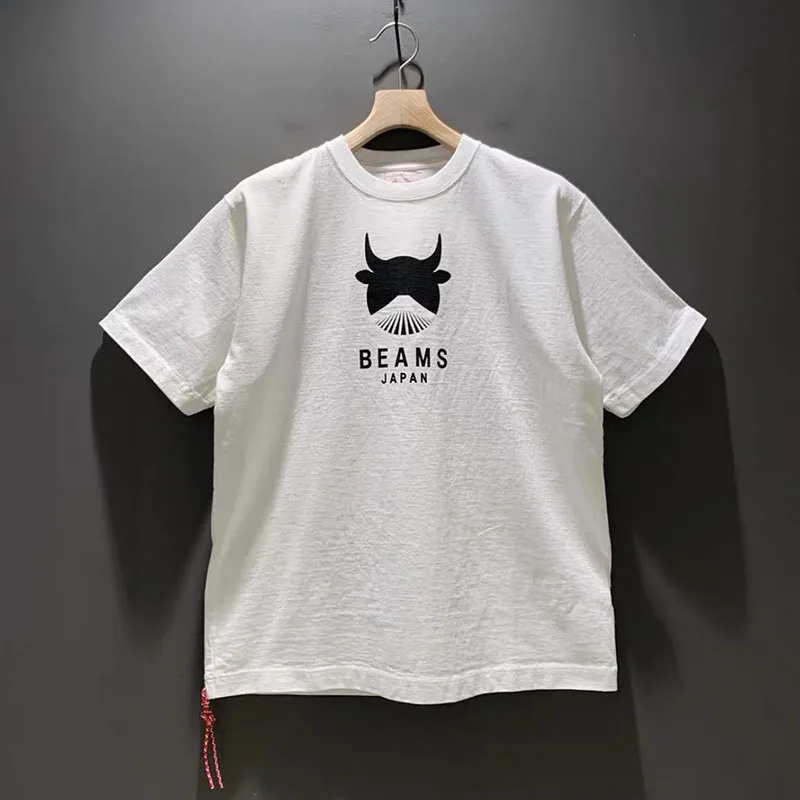 

BEAMS Male T-shirt 23SS Summer Cow Horn Snowy Mountain Label Print For Men's and Women's Red Rope Versatile Short Sleeve Tops