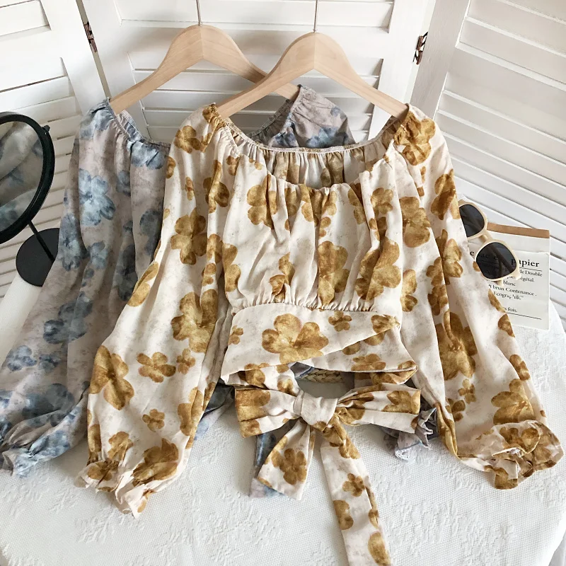

2022 Spring Women Printed Blouse Loose Sense Floral Color Slash Neck Shirt Ladies Drawstring Western Chic Top Pullover Shirt