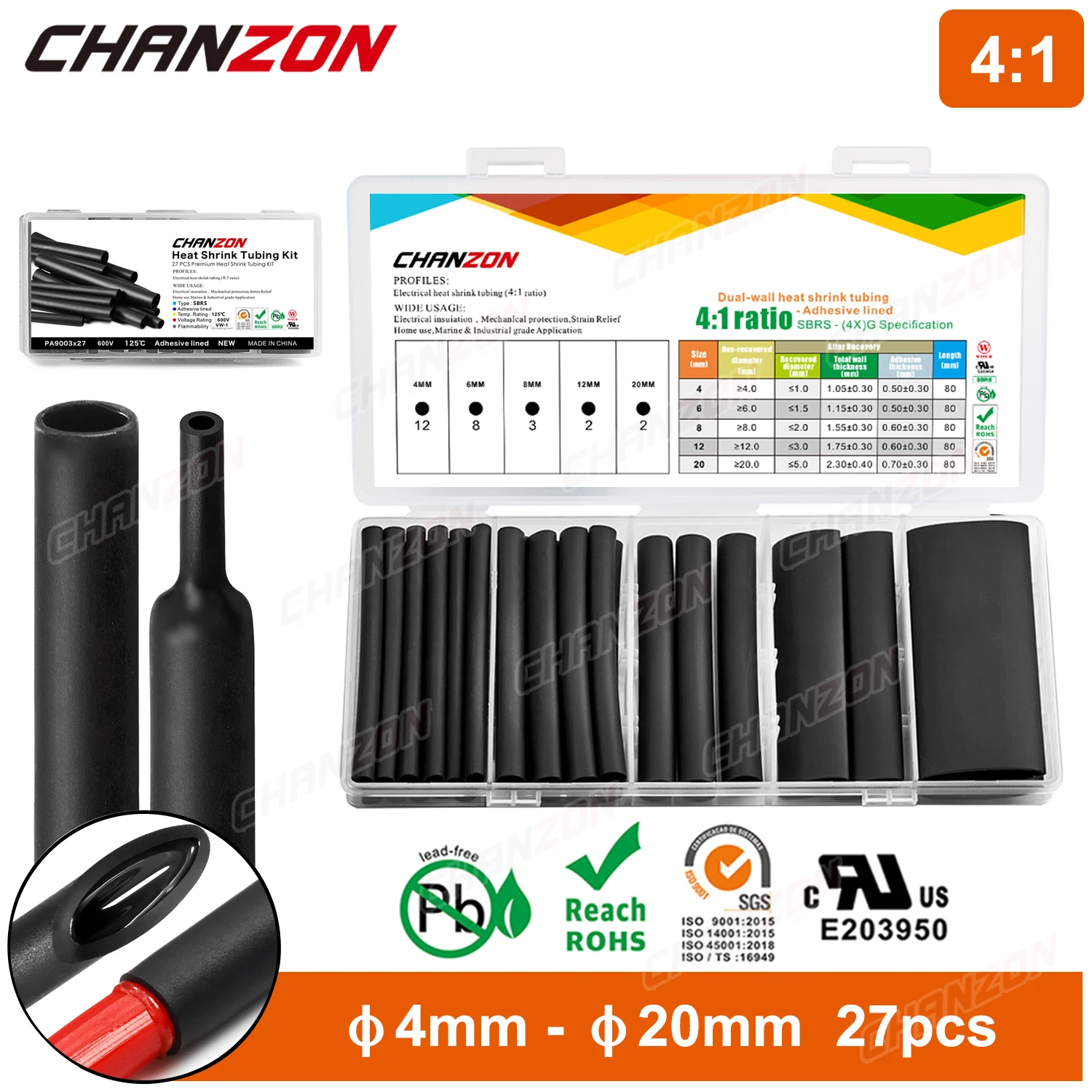 

5 видов комплекта термоусадочных трубок 4:1, с клеем, двойными стенками, клейкая проволочная муфта с подкладкой, 4 мм, 6 мм, 8 мм, 12 мм, 20 мм, ассорти, 27 шт.