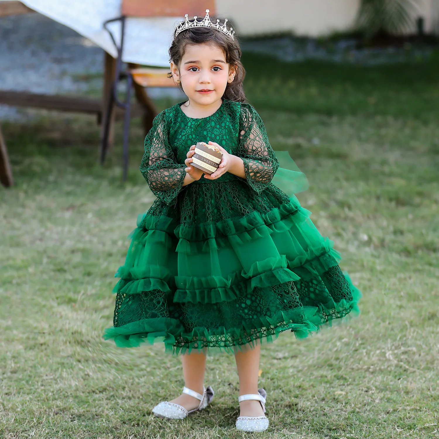 

2022 New Fashion Baby Toddler Birthday Baptism Dress Tulle Long Sleeve Bow Princess Lace Multilayer Tulle Formal Evening Dress F