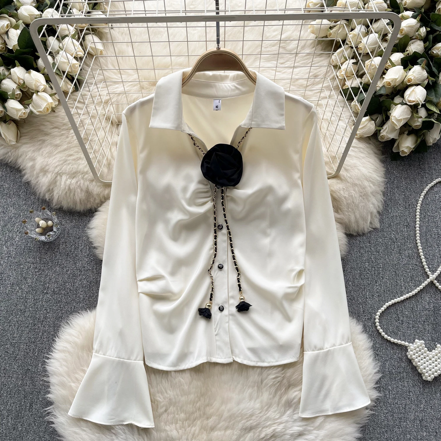 BoozRey 2024 Весенняя Модная элегантная блузка женская узкая с цепочкой и цветочным