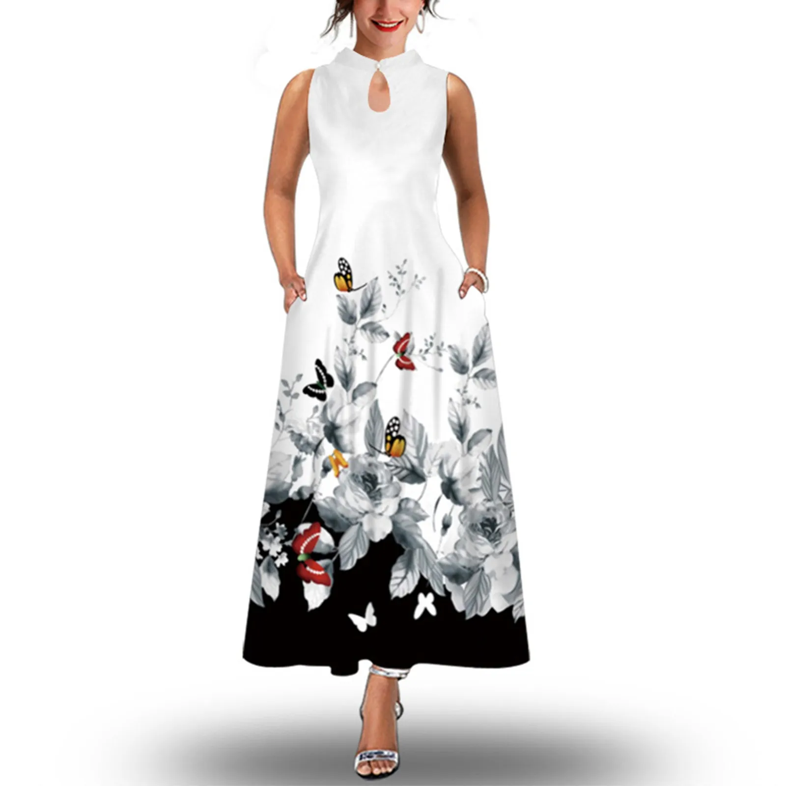 

Women Sun Dress Women Summer Sleeveless Floral Print Stand Neck Maxi Loose Dress Boho Beach Women Casual Dresses 3x