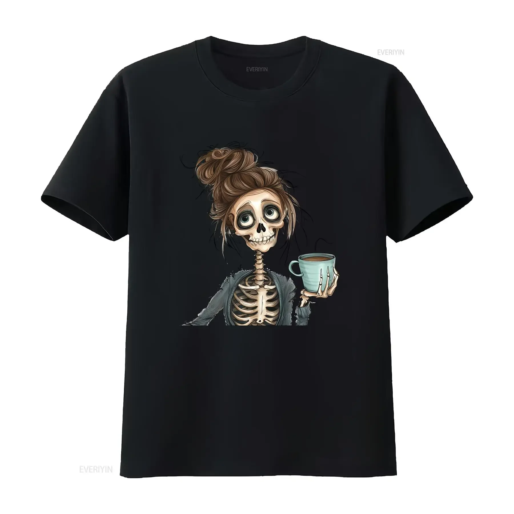Фото Футболка Skeleton Coffee T Shirt SweaT Fall Halloween Lover в винтажном стиле с эффектом потертости, модная, с графическим принтом, уличная одежда, универсальная, слегка мягкая №1