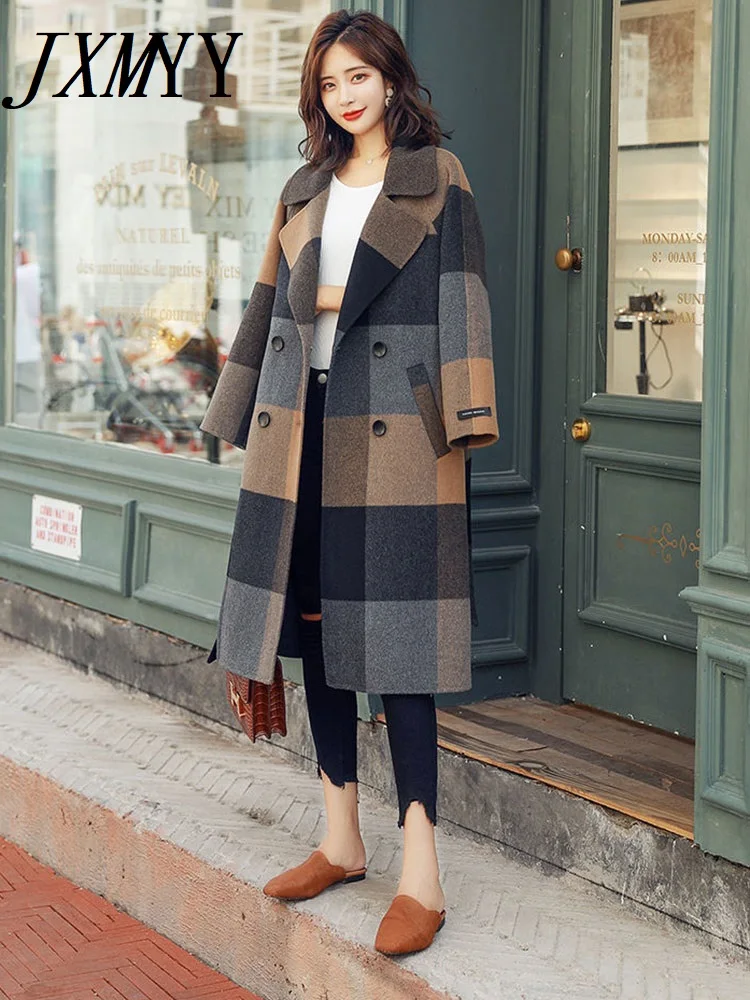 

Autumn And Winter Fashion New Products Elegant Temperament Plaid Mid-Length Woolen Coat Women's Waist Tie Woolen Coat trend