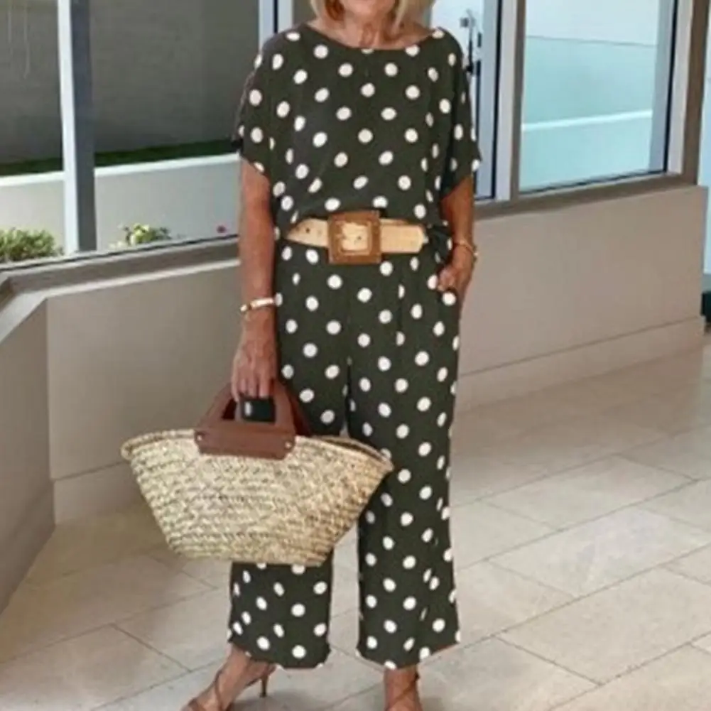 

Crew Neck Casual Dot Print Wide Leg T-shirt Trousers Set Women Clothes