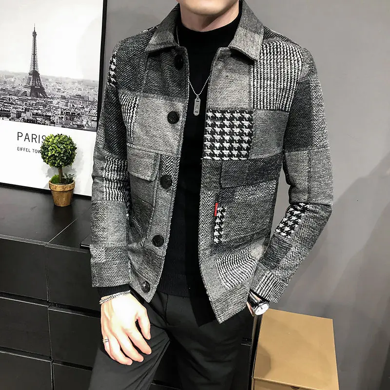 

Abrigo Hombre 2022 Korean Casual Men Stitching Jacket Slim Jacket Fashion Warm Long-sleeved Plaid Gentleman Pockets Coat Jacket
