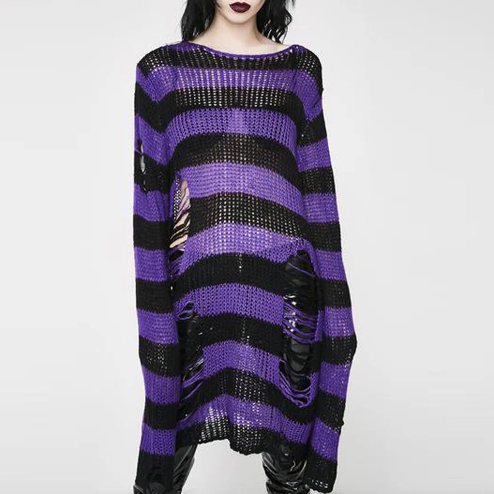 

Женский свитер в готическом стиле, повседневный Свободный вязаный свитер в полоску, джемпер с дырками, пуловер в стиле панк, длинные свитера с вырезами на весну