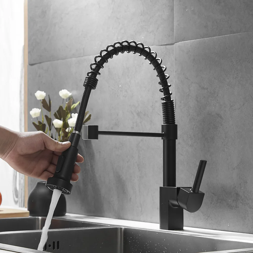 Zwart Geborsteld Lente Pull Down Kitchen Sink Kraan Warm &amp Koud Water Mixer Tap Met Dual Uitloop Deck gemonteerd