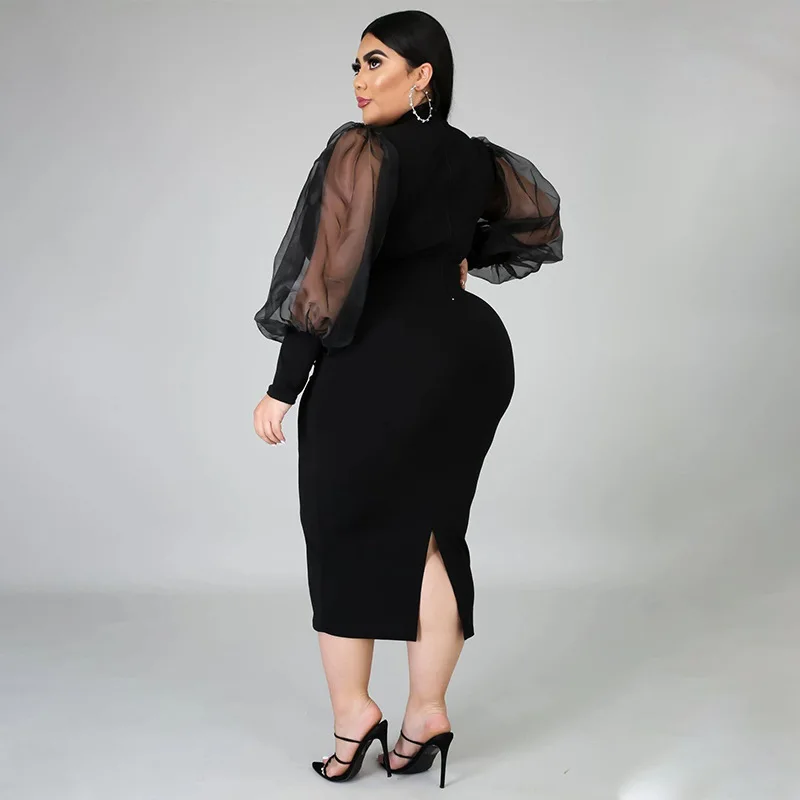 Plus Size Elegant Mesh Dress Women Solid Puff Sleeve Club Cloth Lady Casual Luxury Robe 2023 Summer Trendy Party New In Dress