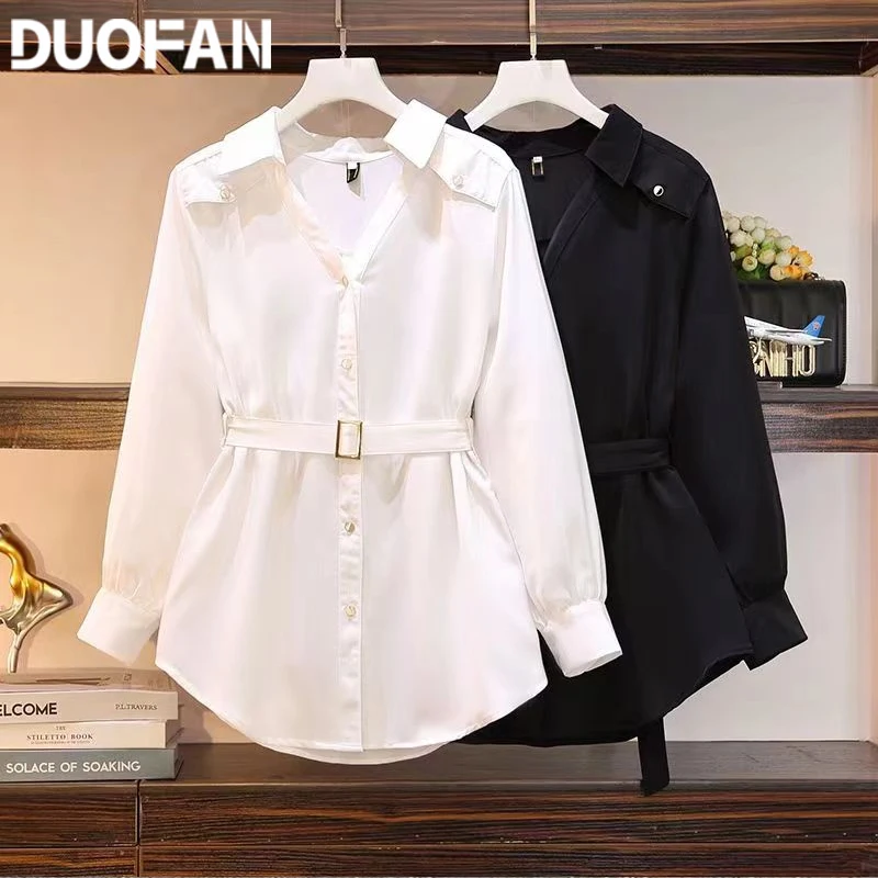 

DUOFAN Large Female 200kg Spring Shirts Women's Foreign Style Loose Waist Shirt Medium Length Top Long Sleeve Chiffon Blouses