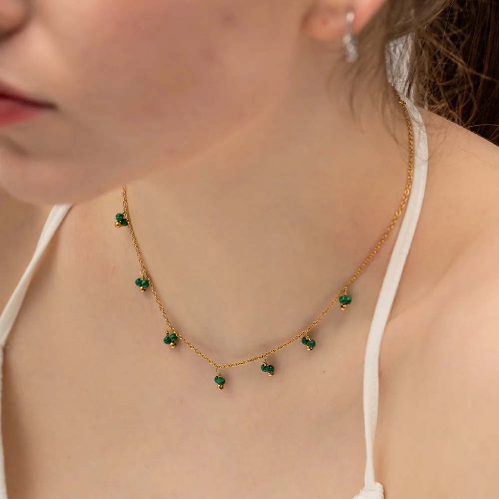 

Green Malachite Tassel Stainless Steel Waterproof Necklace Charm Gold Color 18k Plated Jewelry Love's Gift