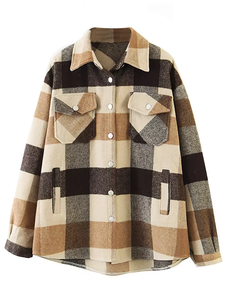 

Aachoae Loose Casual Wool Plaid Jacket Women Turn Down Collar Fashion Coat With Pockets Autumn Long Sleeve Ladies Jackets Coats