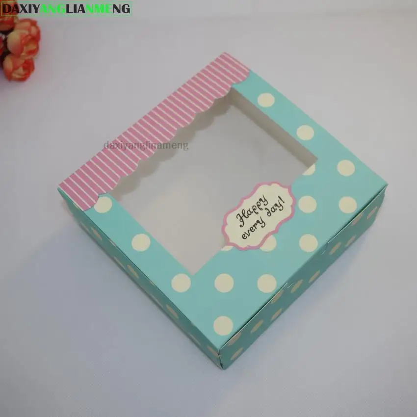 

20pcs/pack: 13.5x13.5x5CM Green Wave spot PVC Window moon cake box 4 Egg Tart box kraft cardboard boxes paper box