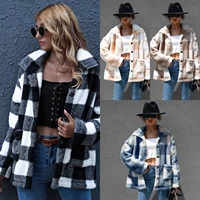 2022 autumn and winter new plaid long sleeved lapel comfortable fleece womens jacket top coat