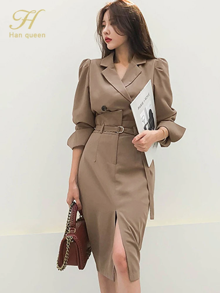 

H Han Queen Korean Office Lady 2 Pieces Set Women Double-Breasted Tops And High Waist Pencil Skirts Casual Simple Skirts Suits