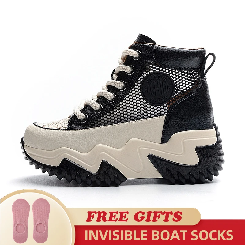7CM Air Mesh Genuine Leather Comfy High Brand Breathable Shoes Chunky Sneaker Spring Summer Platform Women Wedge Women Shoes