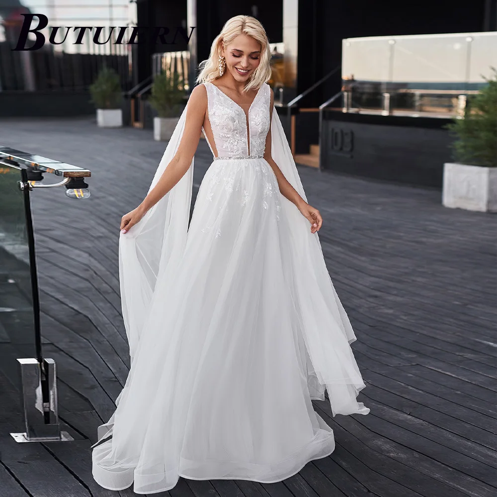 

COZOK Sexy Bling Appliques Wedding Dress V Neck Lace Aline Bridal Gown Back Button With Court Train Robe De Mariée Personalised