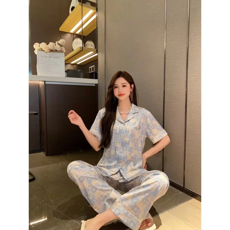 2023 Summer New Fashion Printed Pajamas Women's Artificial Silk Short Sleeve Trousers Suit Homewear