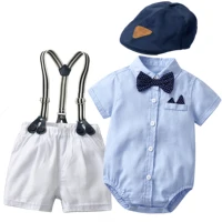 Newborn Boutique Clothes Set Baby Boys Summer Suit Sky Blue Rompers + Hat + White Shorts Formal Gentleman Birthday Clothing Sets