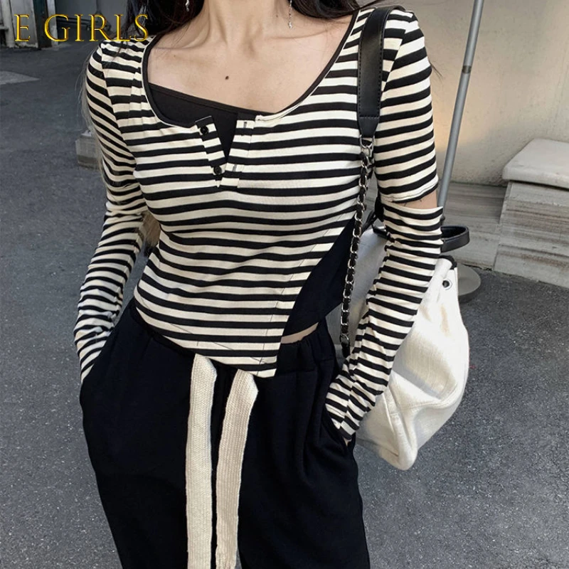 E GIRLS T-shirts Women Skinny Fake Two Pieces Vintage Striped Streetwear Long Sleeve Fashion  Crop Tops Punk Girls Harajuku Ins