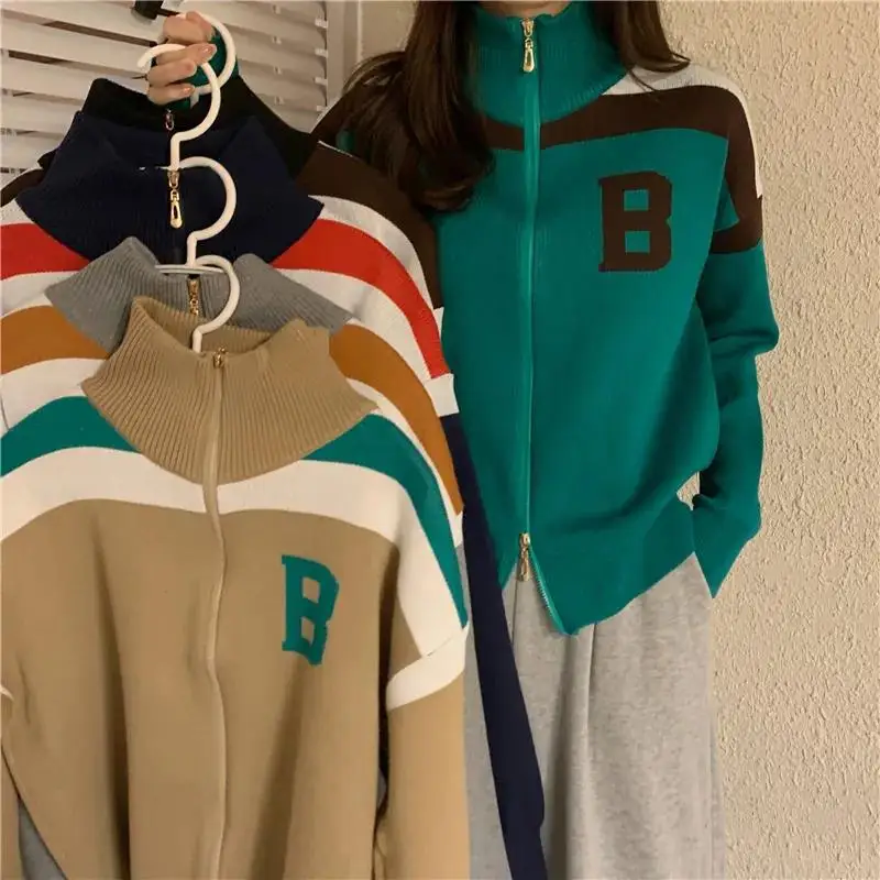 

Knitted Sweatshirt Women Zip-up Vintage Fashion Hip Hop Hoodie Streetwear Y2K Korean Long Sleeve Female New Jogger Basic Outwear